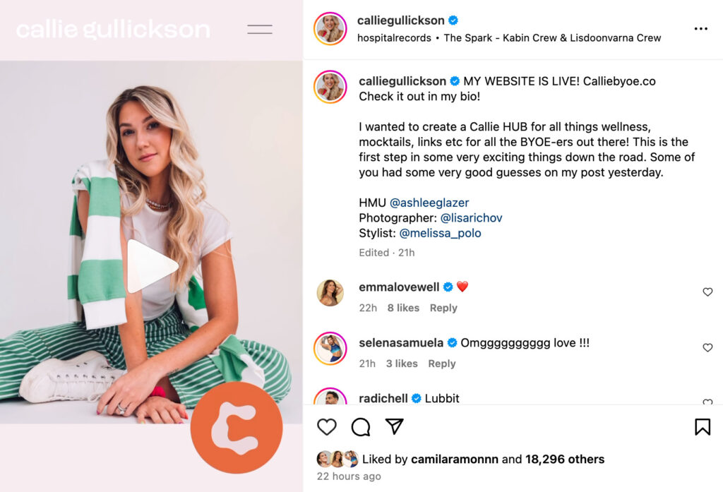 Callie Gullickson's Instagram post announcing new website.